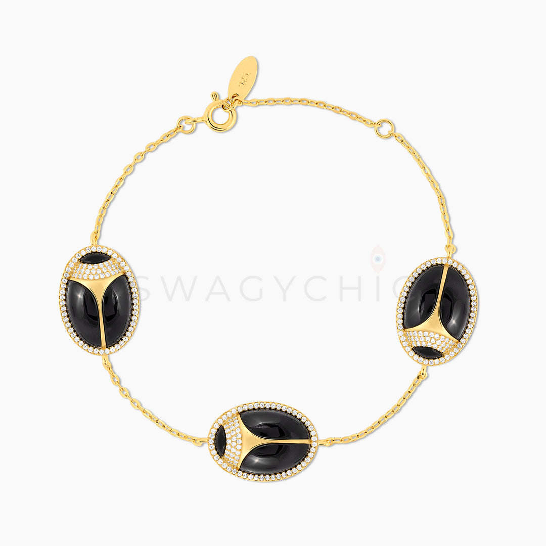 Triple Elevated Scarab Black Onyx Bracelet - Swagychic