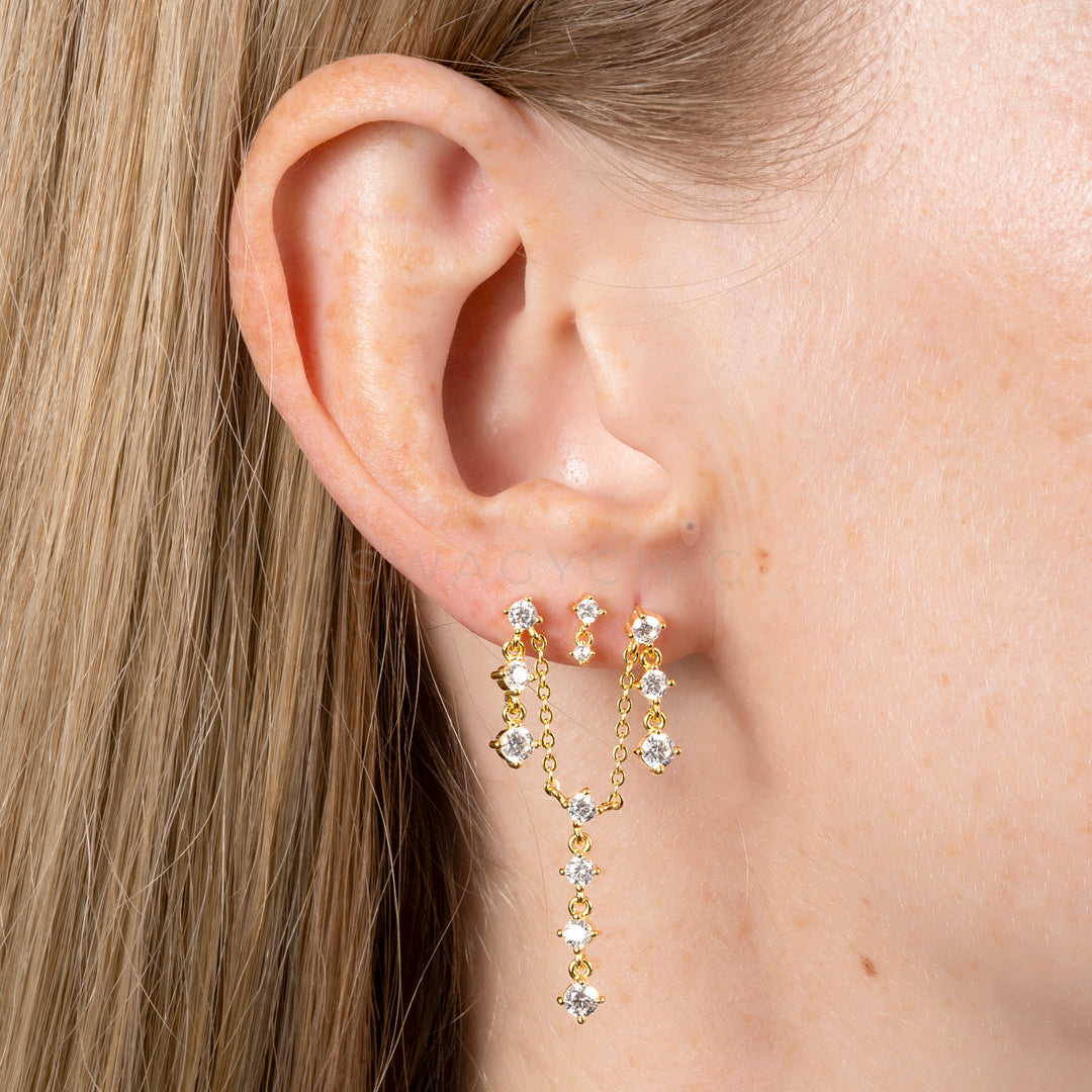 CZ Chain Double Drop Double Piercing - Swagychic