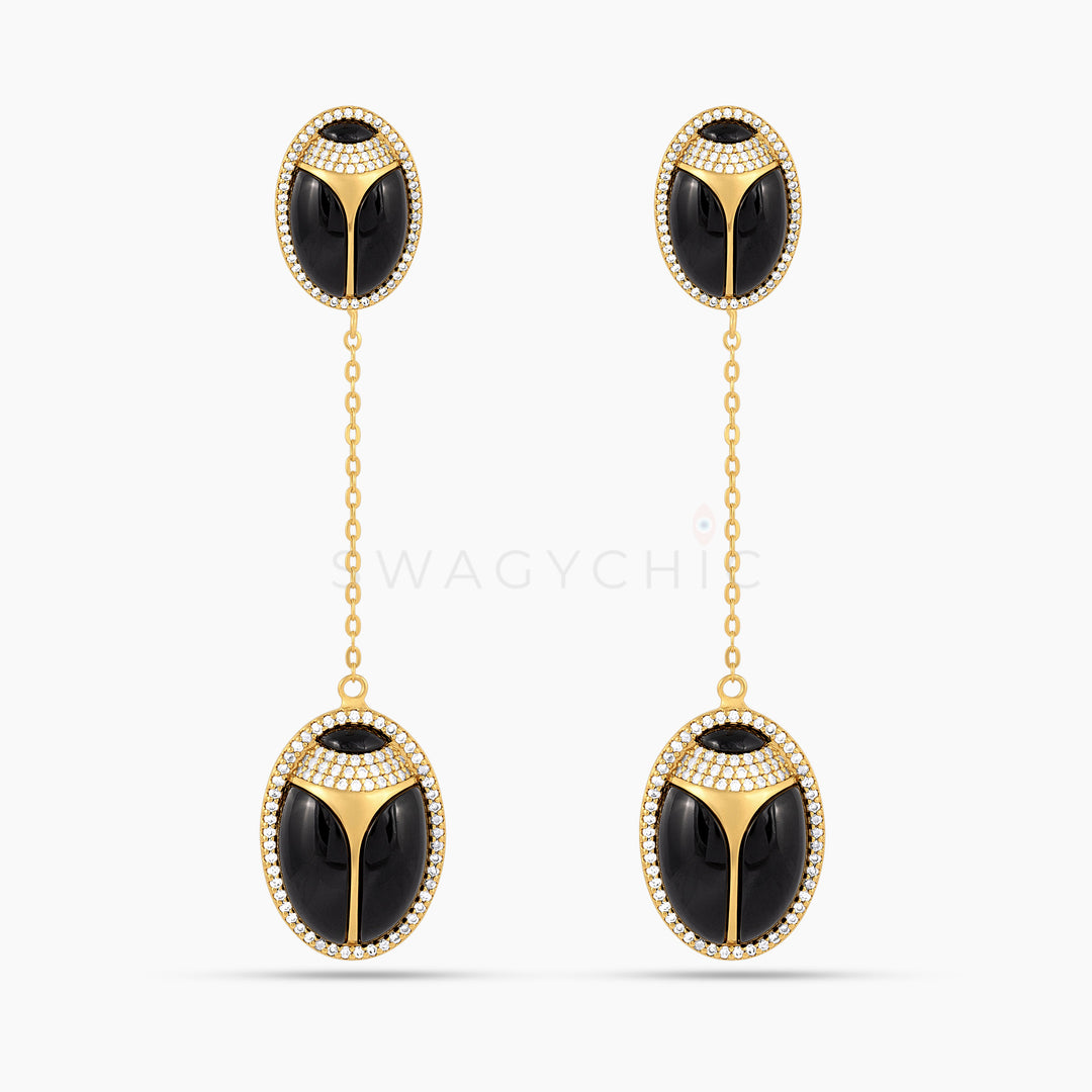 Elevated Scarab Black Onyx Drop Earrings (Wholesale) - Swagychic