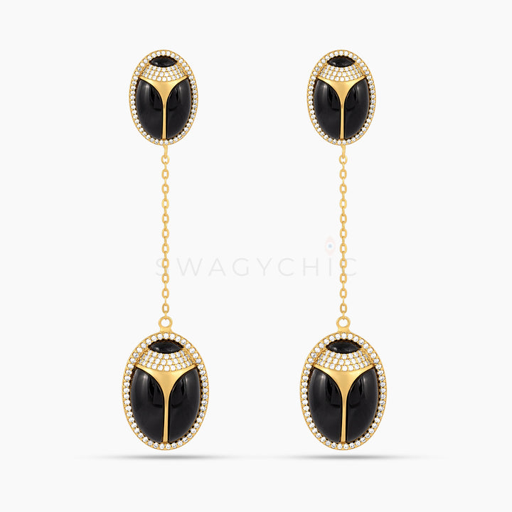 Elevated Scarab Black Onyx Drop Earrings (Wholesale) - Swagychic
