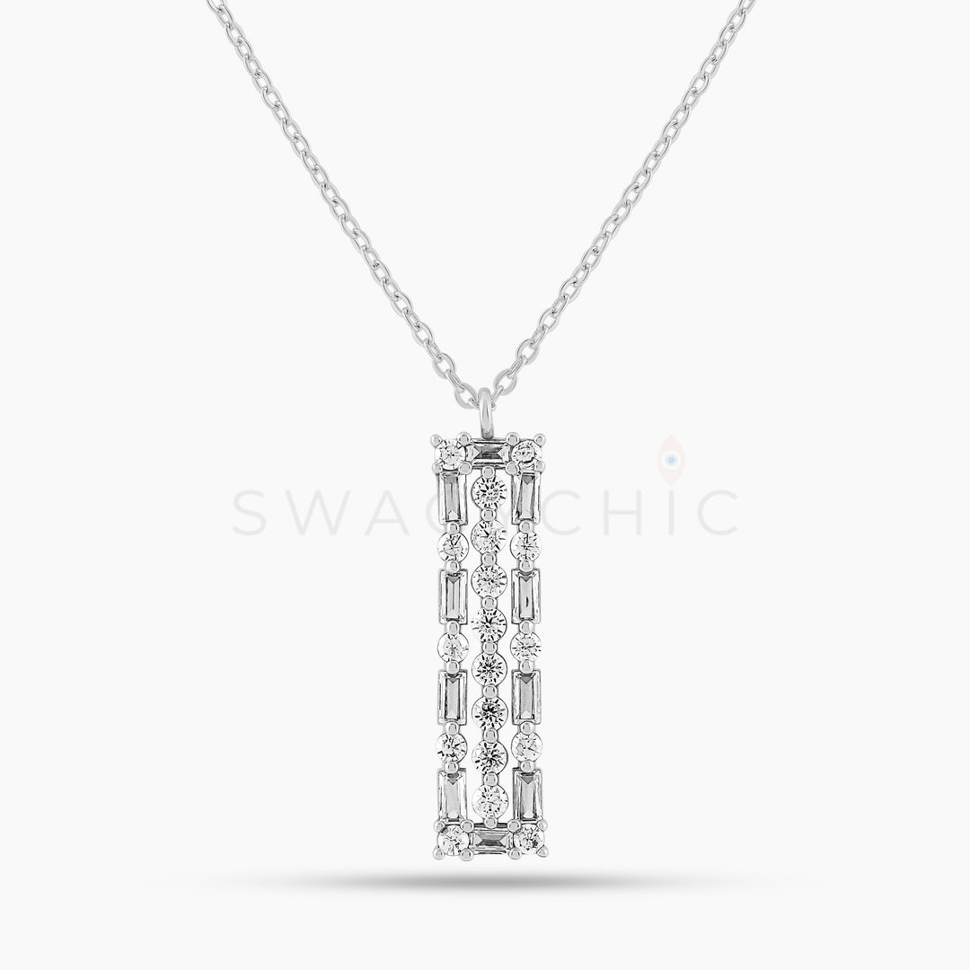 Elongated Bar Baguette CZ Necklace - Silver - Swagychic