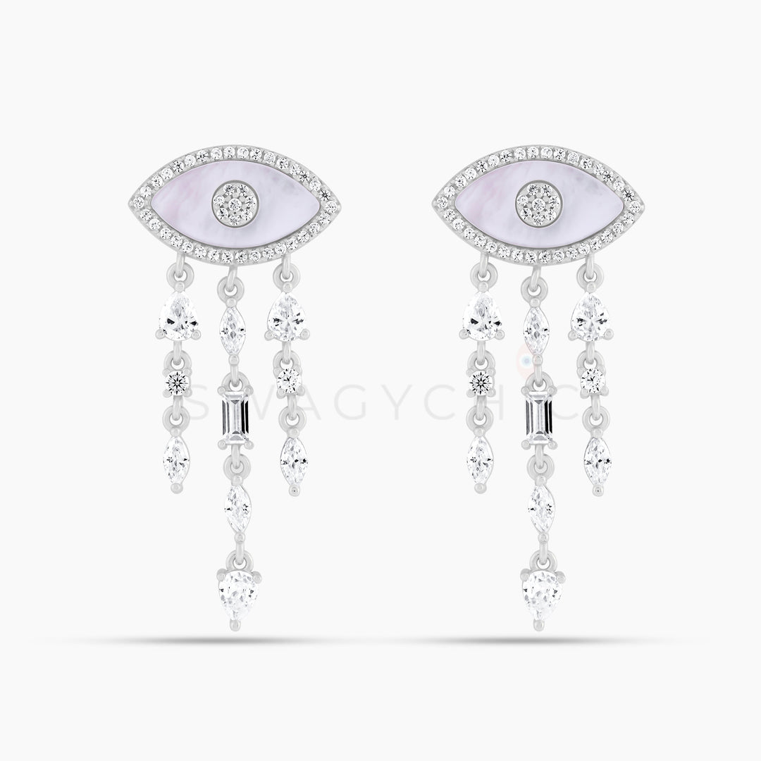 Eye Mother of Pearl Multi-Stone Drop Earrings- Silver - Swagychic