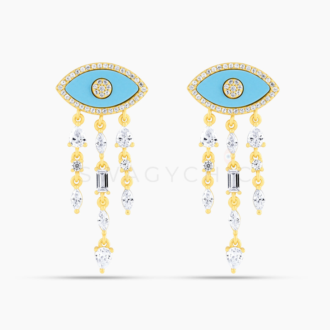 Eye Turquoise Multi-Stone Drop Earrings- Gold - Swagychic