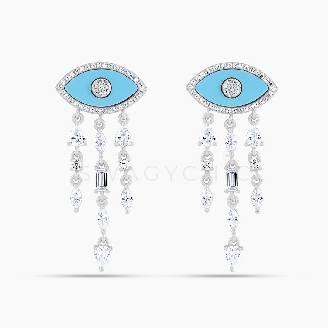 Eye Turquoise Multi-Stone Drop Earrings- Silver - Swagychic