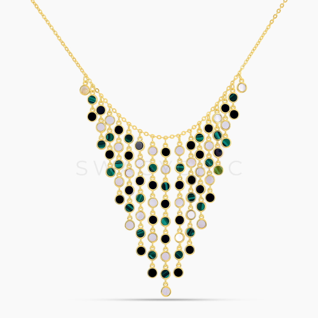 Gold Cascading Stone Necklace- Malachite, Mother of Pearl, Black Onyx - Swagychic