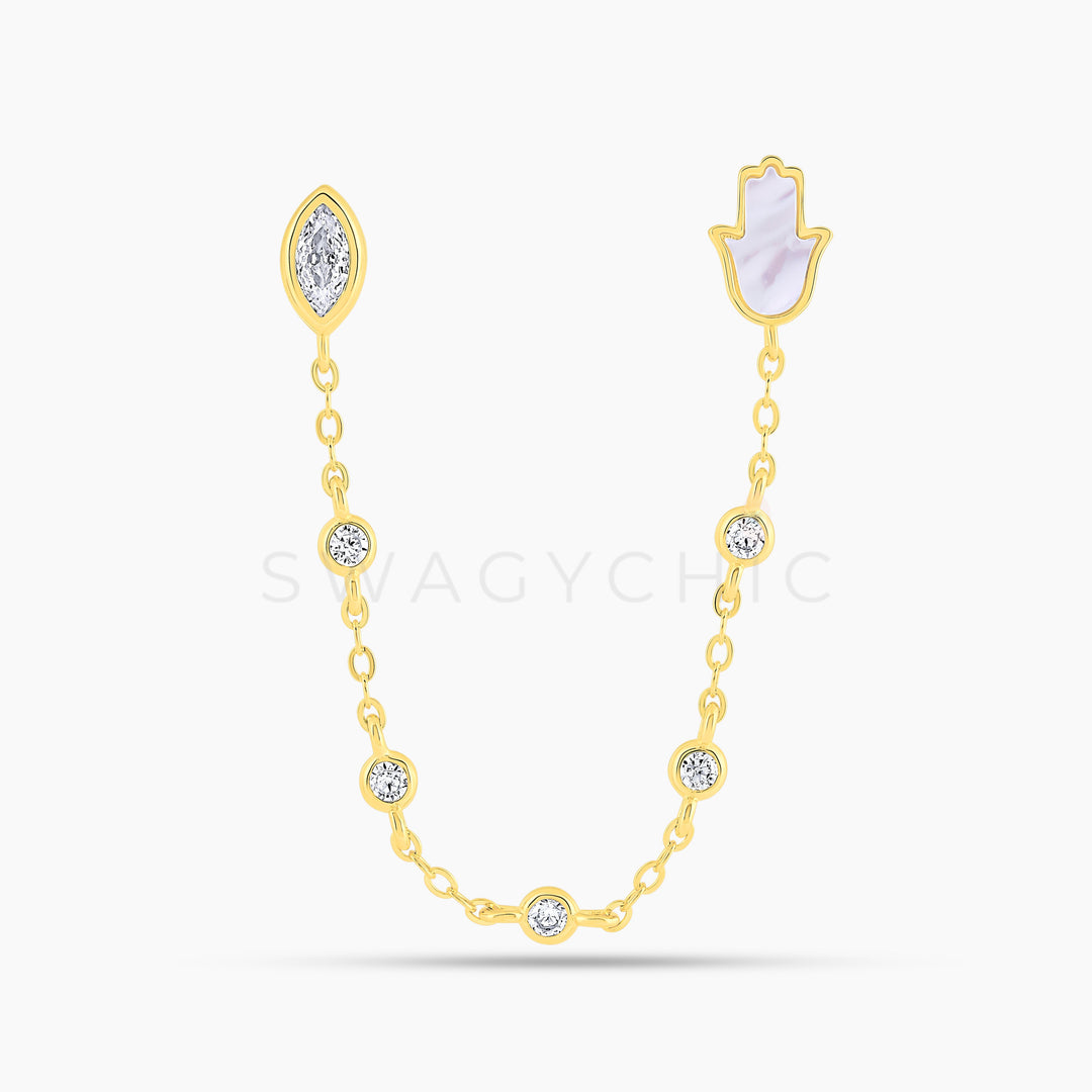 Gold Hamsa Mother of Pearl Protection Double Piercing - Swagychic