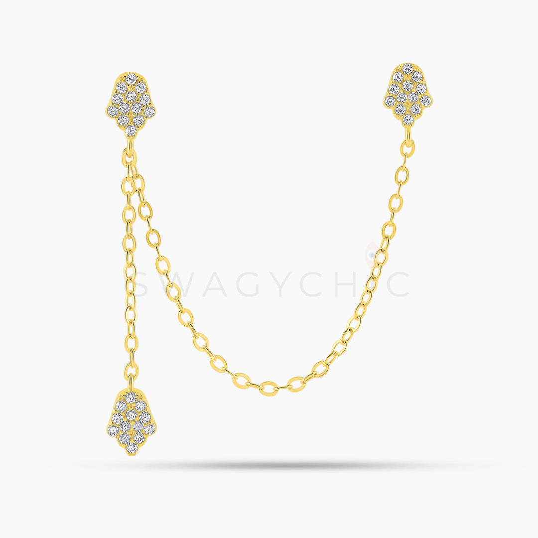 Hamsa Pave Drop Double Piercing - Gold - Swagychic