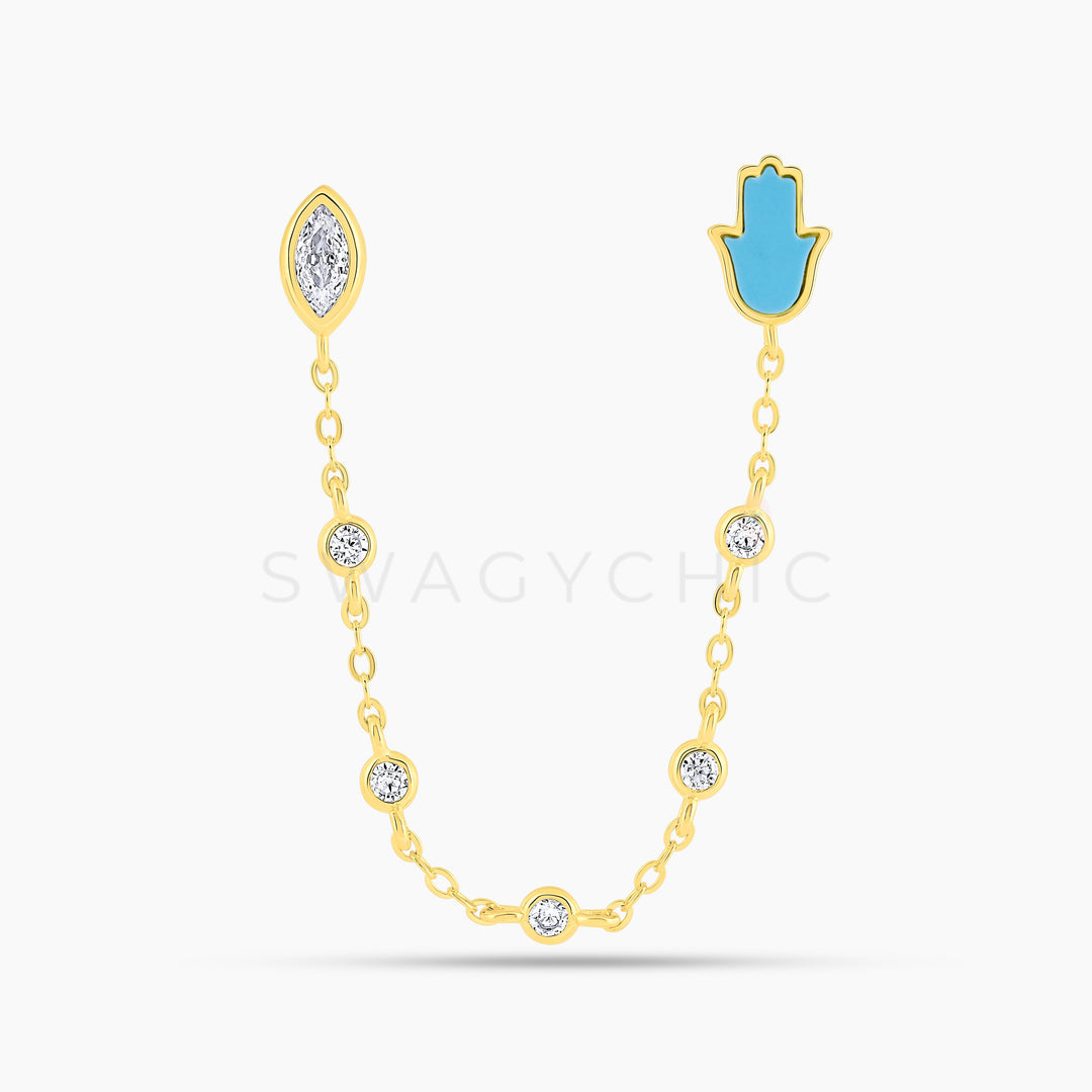 Gold Hamsa Turquoise Protection Double Piercing - Swagychic