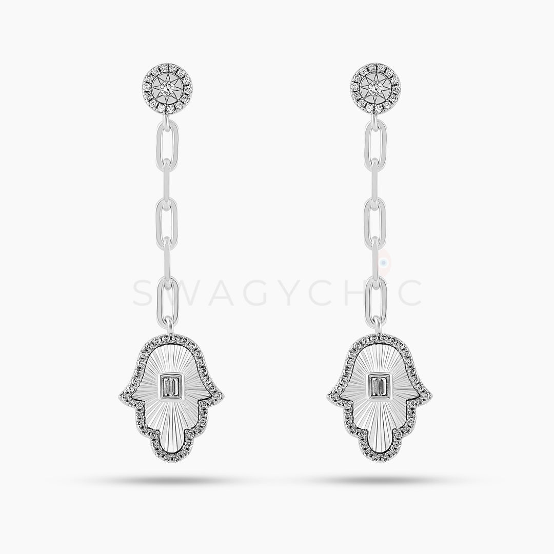 Hamsa Signature Link Drop Earrings  - Silver - Swagychic