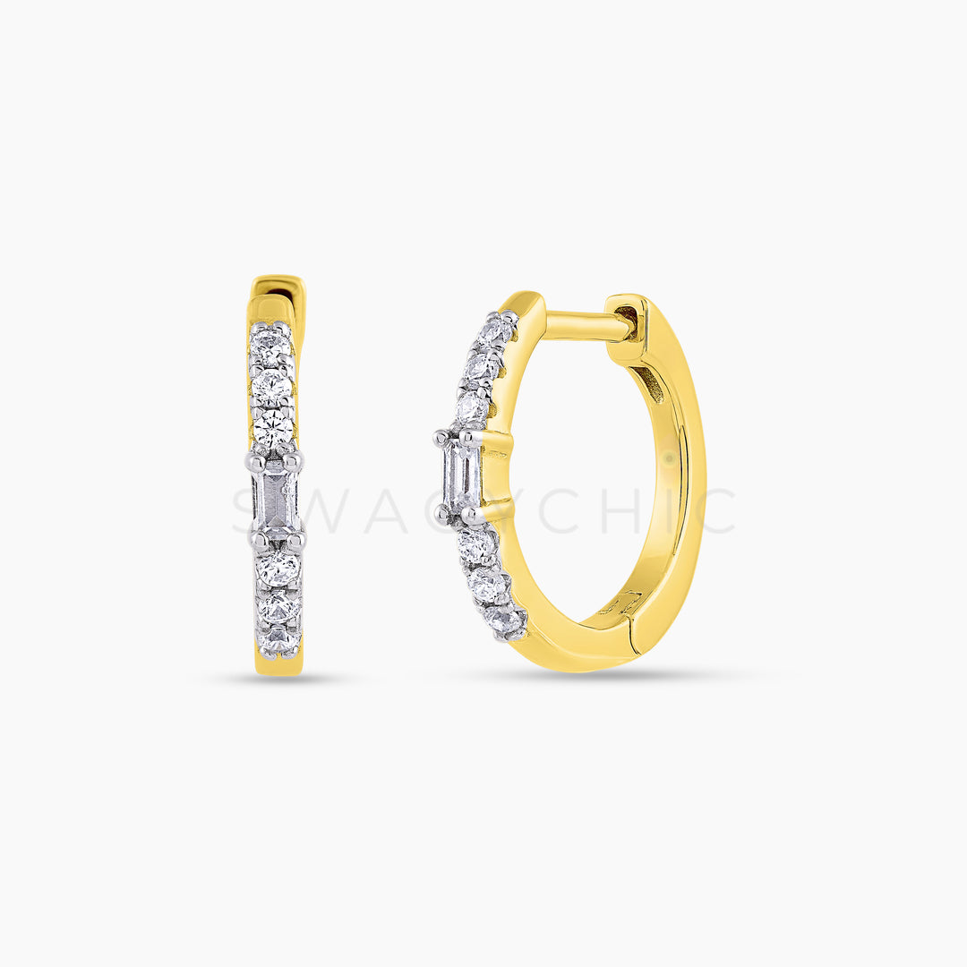 Pave Baguette Mix Huggies - Gold - Swagychic
