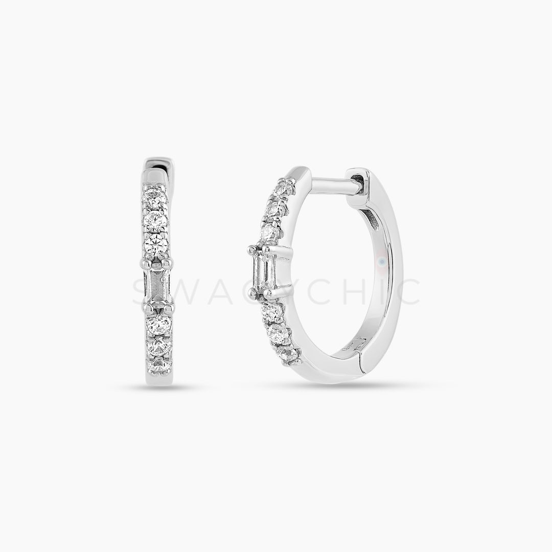 Pave Baguette Mix Huggies - Silver - Swagychic
