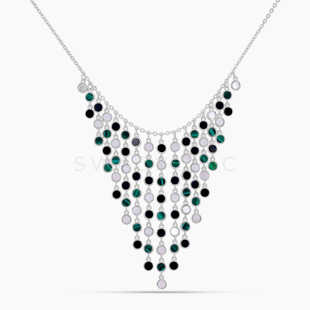 Silver Cascading Stone Necklace- Malachite, Mother of Pearl, Black Onyx - Swagychic