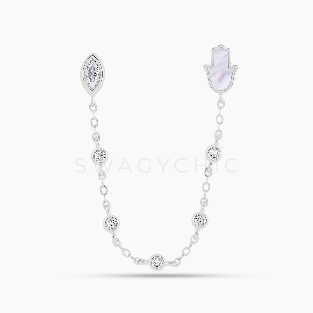 Silver Hamsa Mother of Pearl Protection Double Piercing - Swagychic