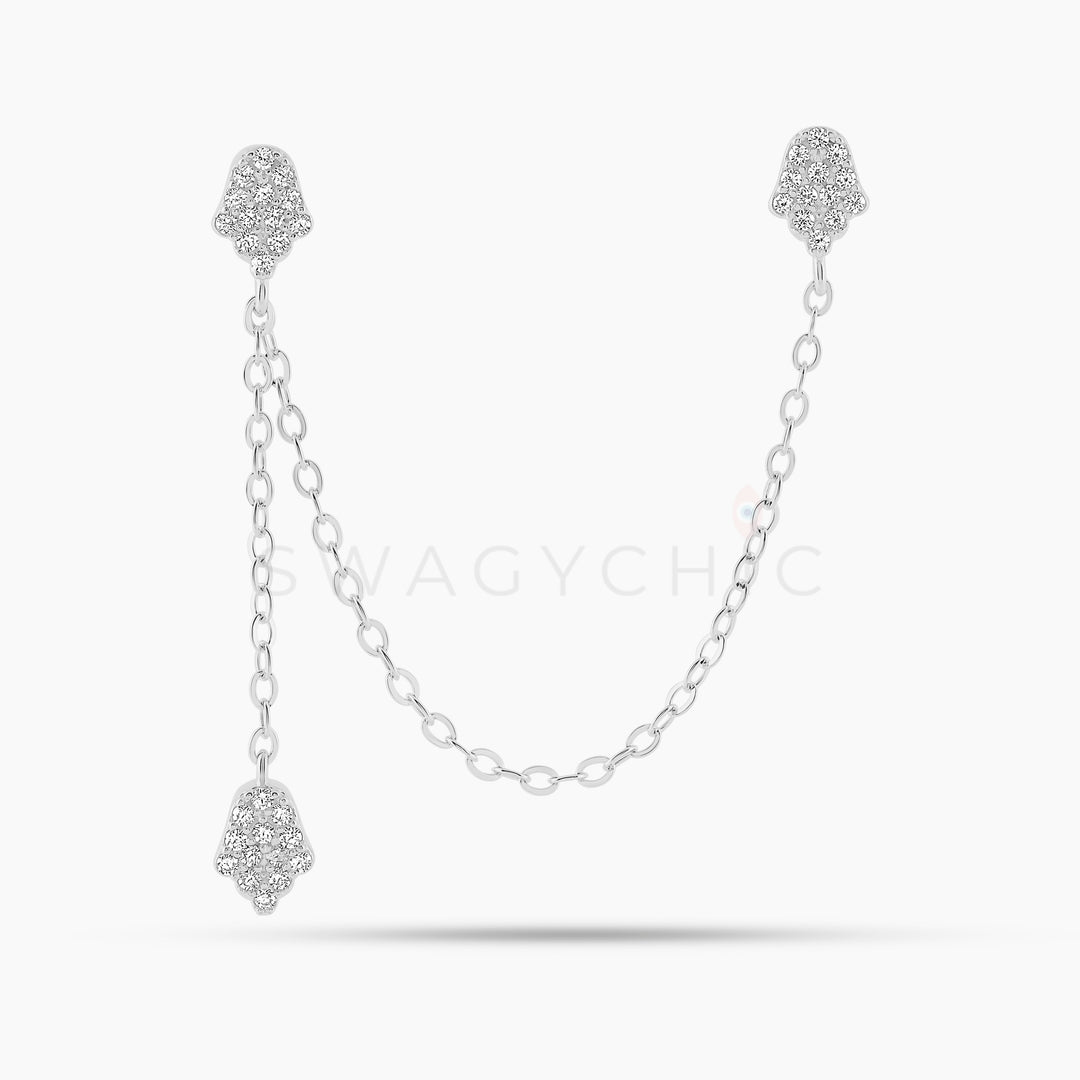 Hamsa Pave Drop Double Piercing - Silver - Swagychic