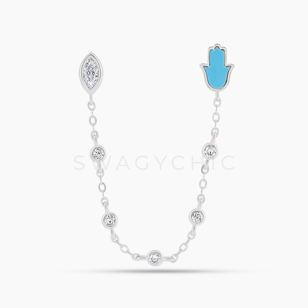 Silver Hamsa Turquoise Protection Double Piercing - Swagychic