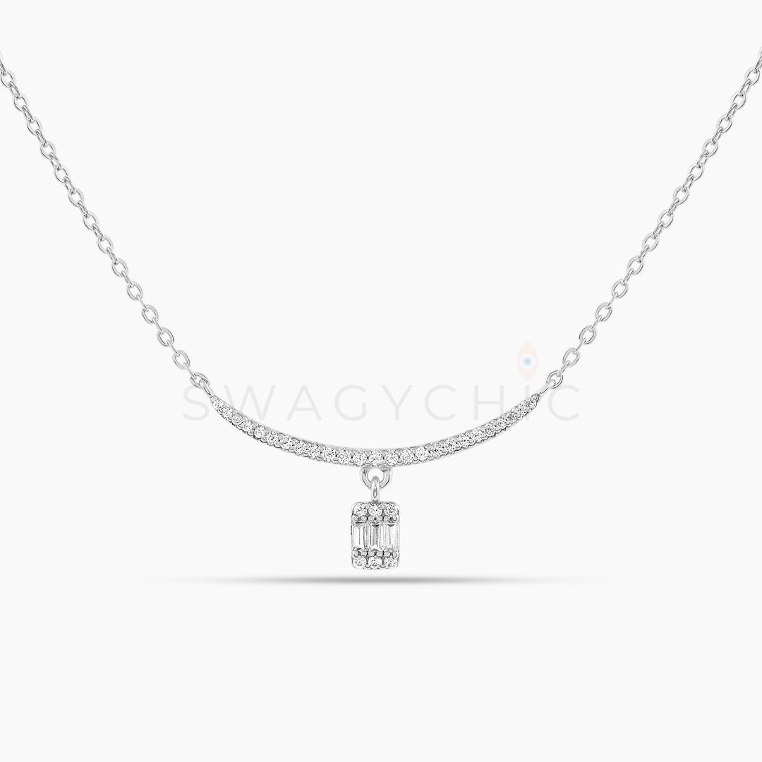 Simple Cushion Baguette Drop Necklace - Silver - Swagychic