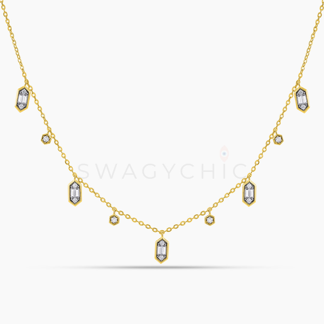 Structured Frame Cushion Baguette Drop Necklace - Gold - Swagychic