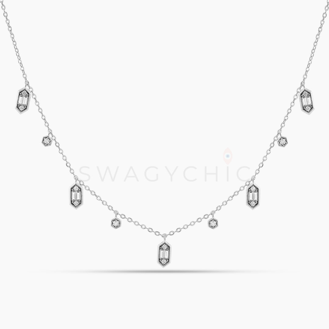 Structured Frame Cushion Baguette Drop Necklace - Silver - Swagychic