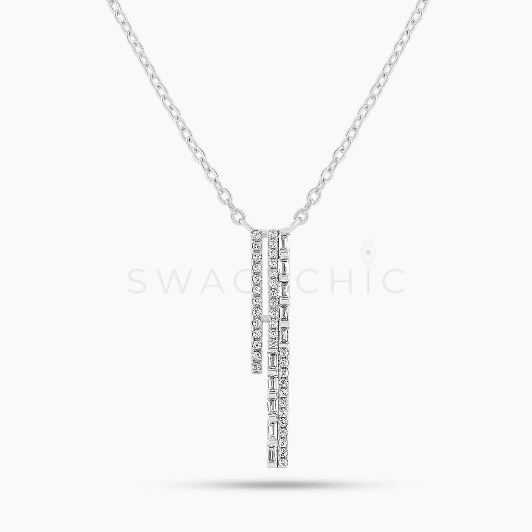Triple Linear Baguette Pave Necklace - Silver - Swagychic