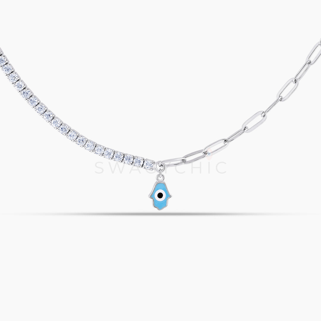 Hamsa Enamel Silver Tennis Link Choker Necklace - Swagychic