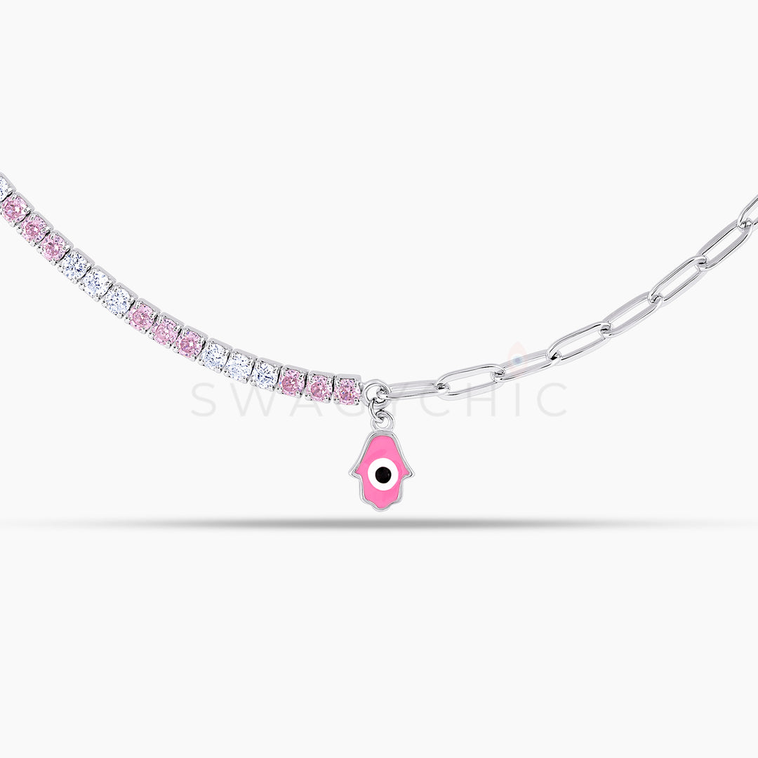 Hamsa Enamel Silver Tennis Link Choker Necklace - Swagychic